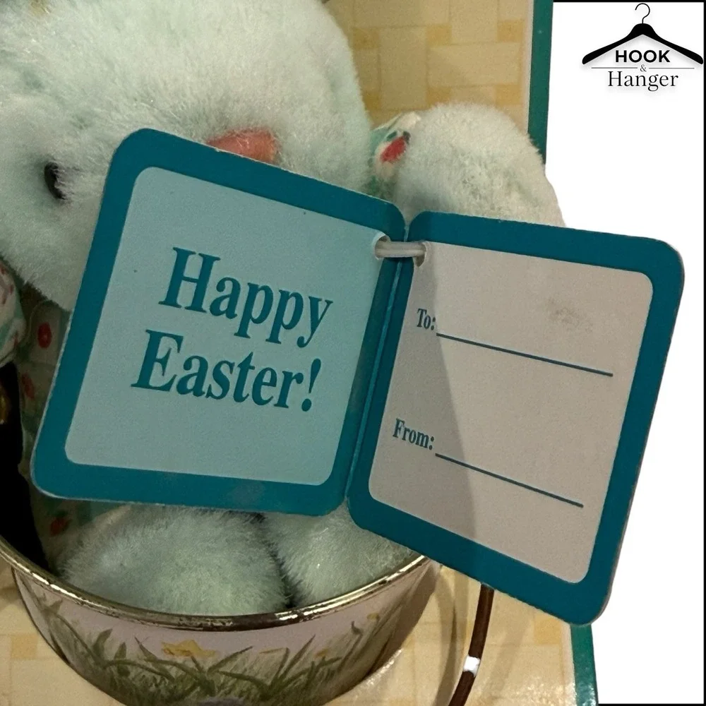 Vintage‎ Homespun Creations Easter Trinket Tin Bucket Lid Mint Green Bunny 90s